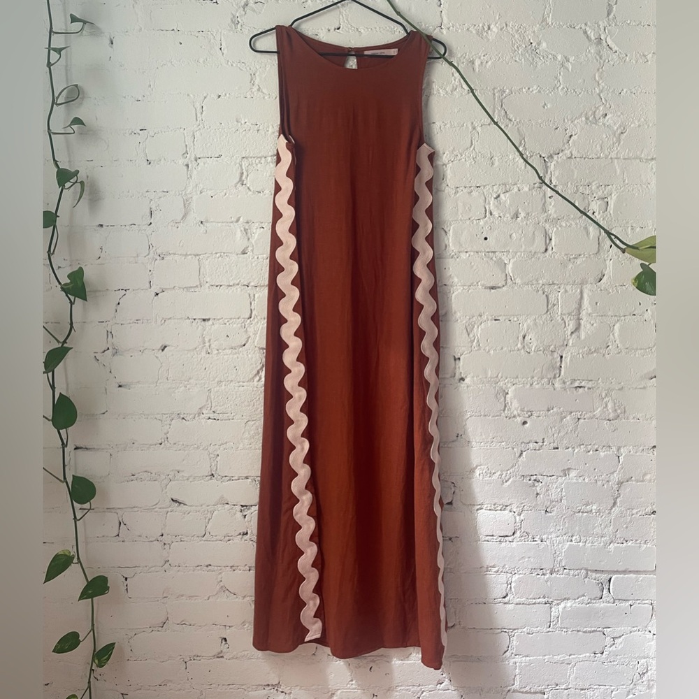 MISTER ZIMI Sleeveless “Margot” Maxi Dress in Rust Brown & Pink Ric Rac